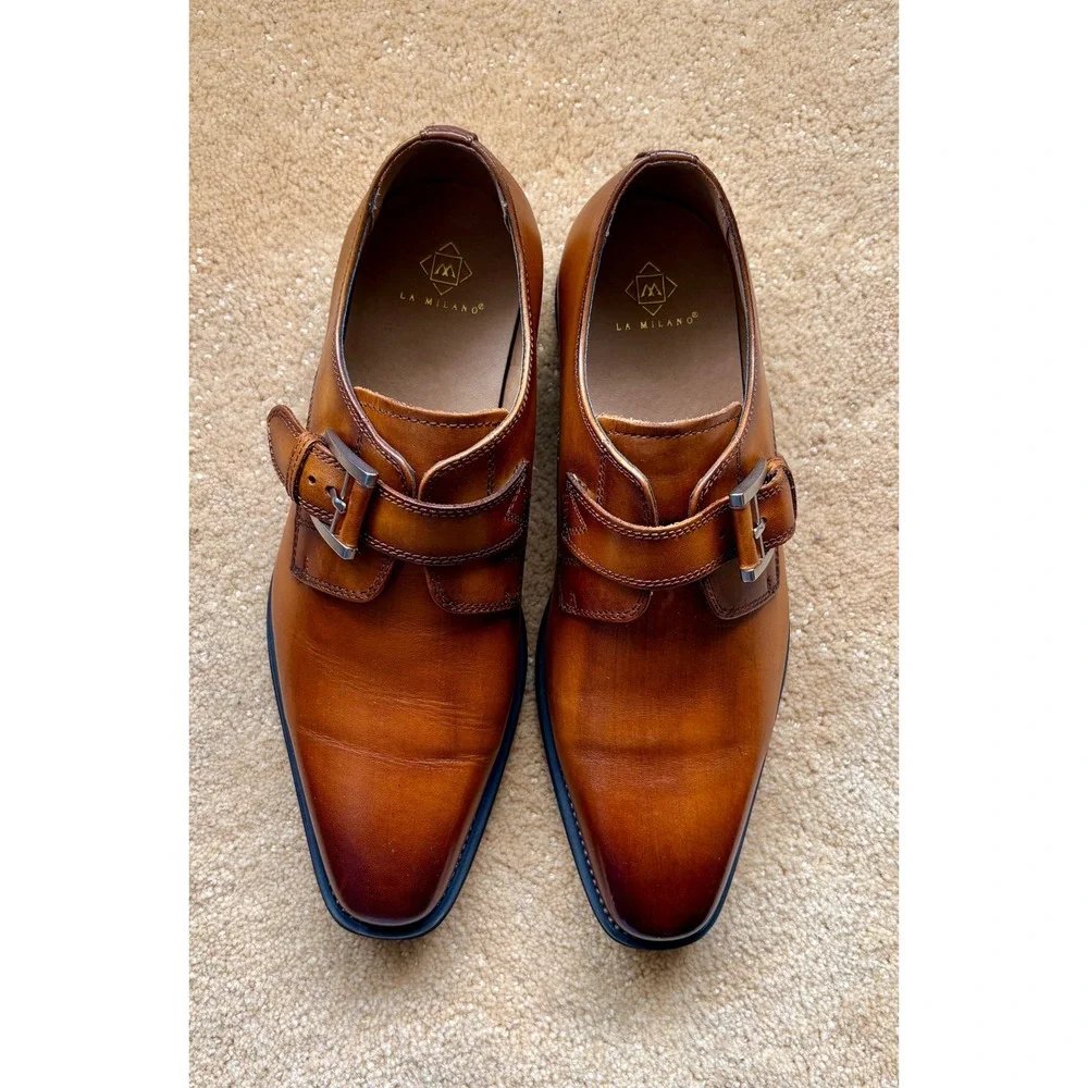 La Milano Mens Monk‎ Strap Dress Shoes Size 8 Cognac Leather Formal Wedding Lux